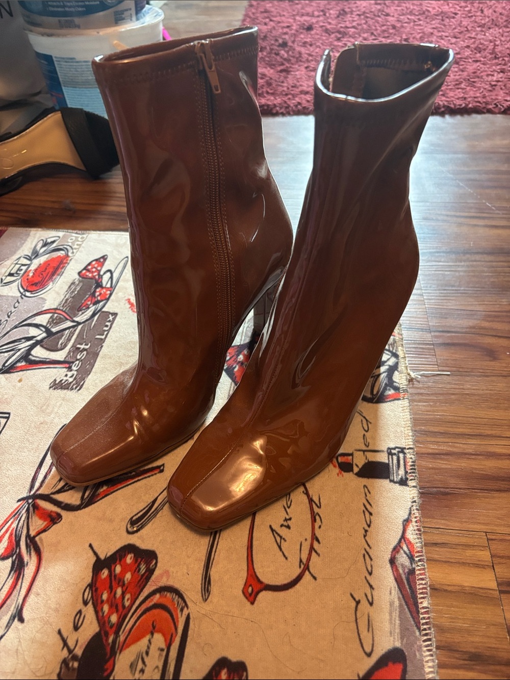 Steve Madden Brown Patent Square-Toe Ankle Booties